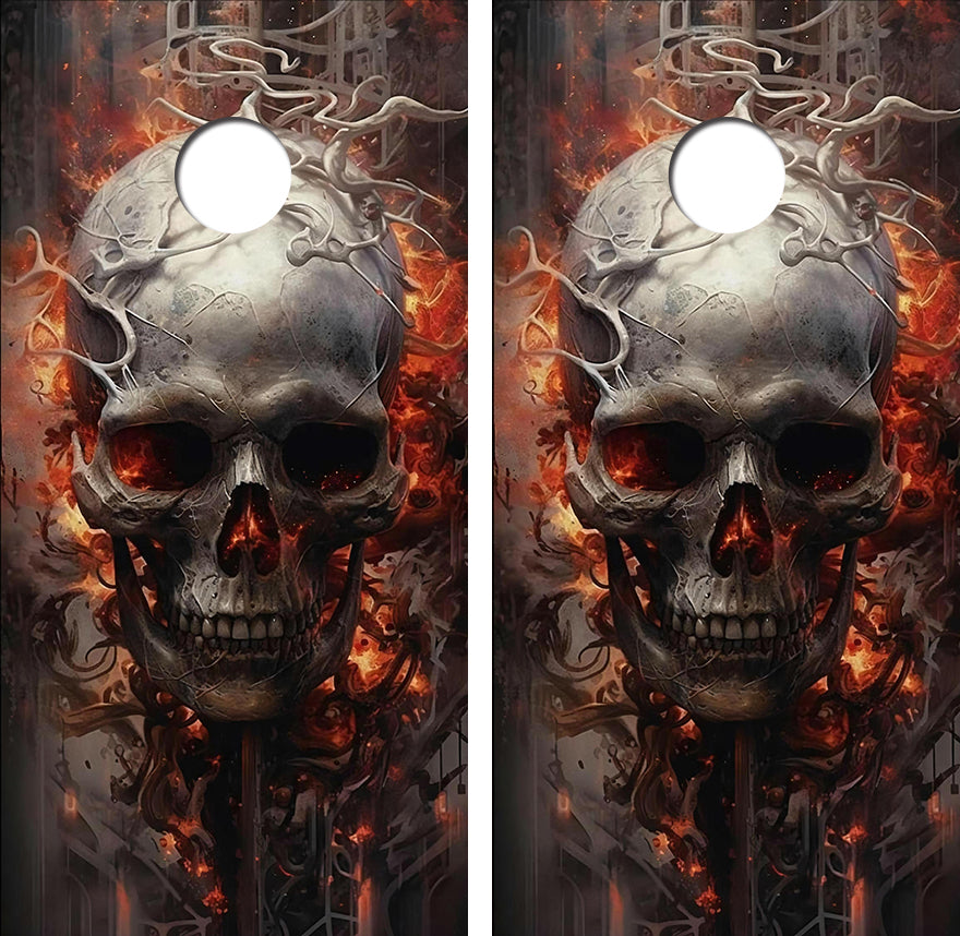 Flaming Skull Cornhole Wood Board Skin Wrap