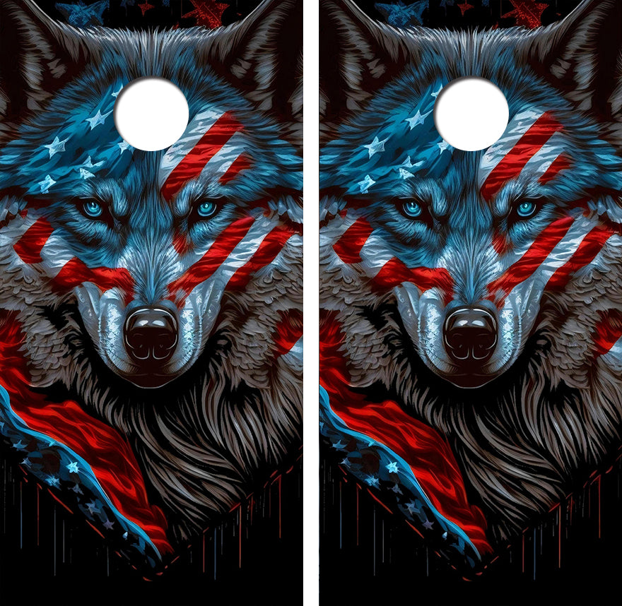 Wolf American Flag Cornhole Wood Board Skin Wrap
