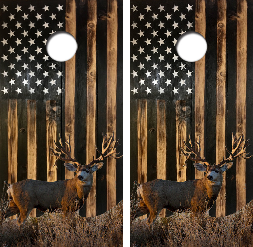 Rustic American Flag Mule Deer Cornhole Wrap Decal with Free Laminate Included