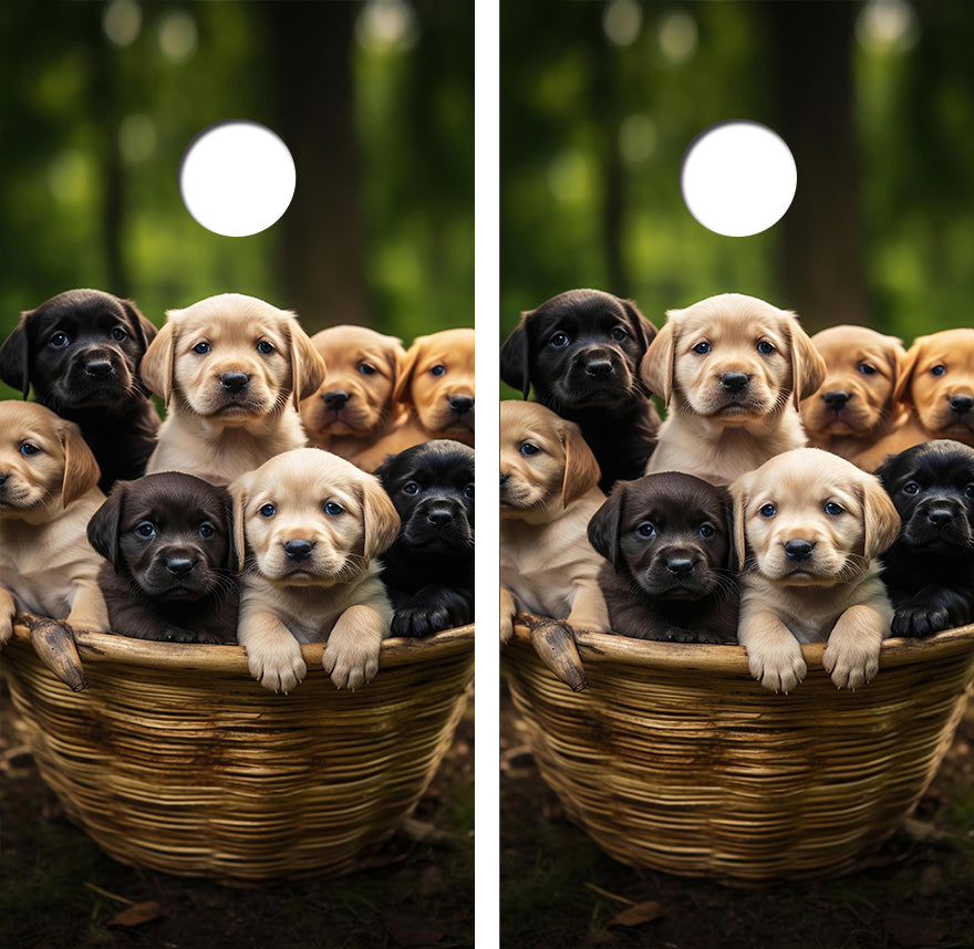 Basket of Cute Chocolate Labrador Retreive Puppies Cornhole Wood Board Skin Wrap