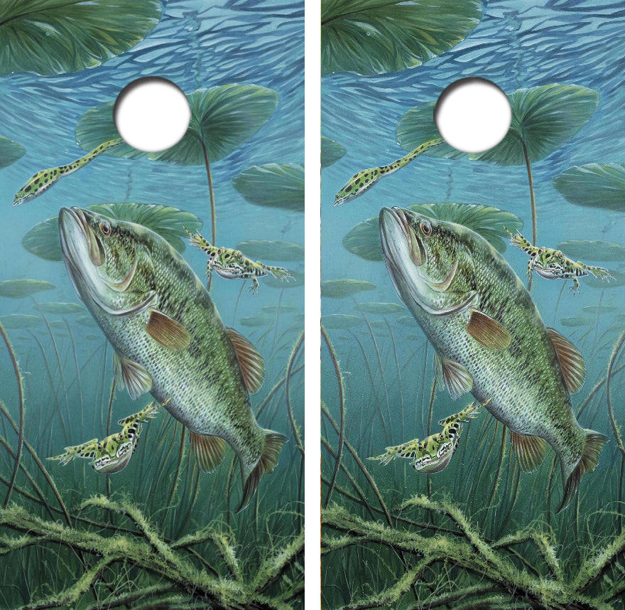 Largemouth Bass With Frogs Cornhole Wrap Decal with Free Laminate Included