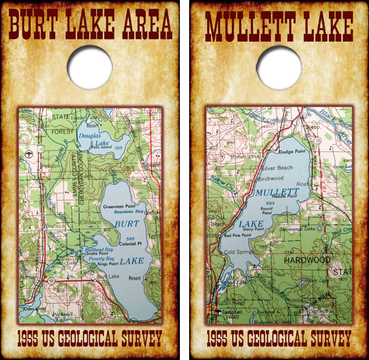 1955 Burt & Mullett Lake Map Cornhole Wrap Decal with Free Laminate Included