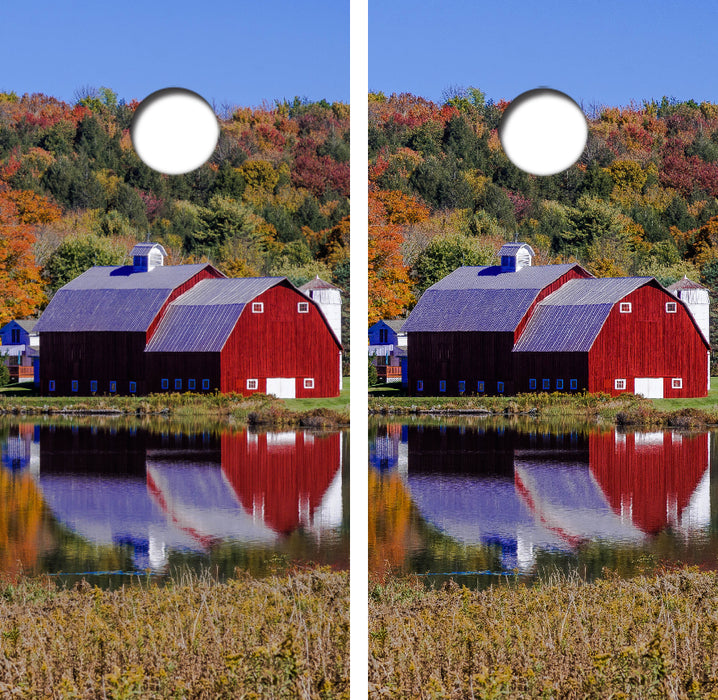 Red Barn Reflection In Pond Cornhole Wrap Decal with Free Laminate Included