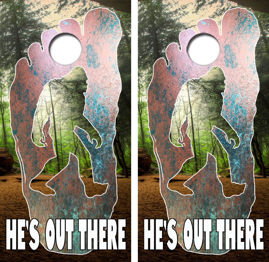 Bigfoot Sasquatch Foot He's Out There Cornhole Wrap Decal with Free Laminate Included