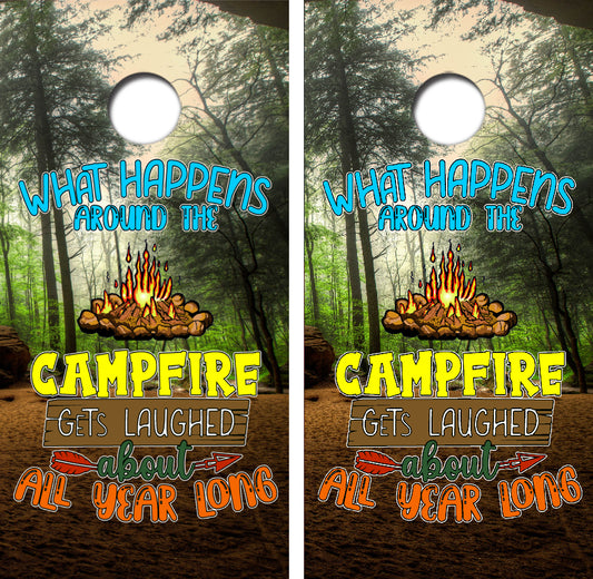 What Happens Around the Campfire Cornhole Wrap Decal with Free Laminate Included