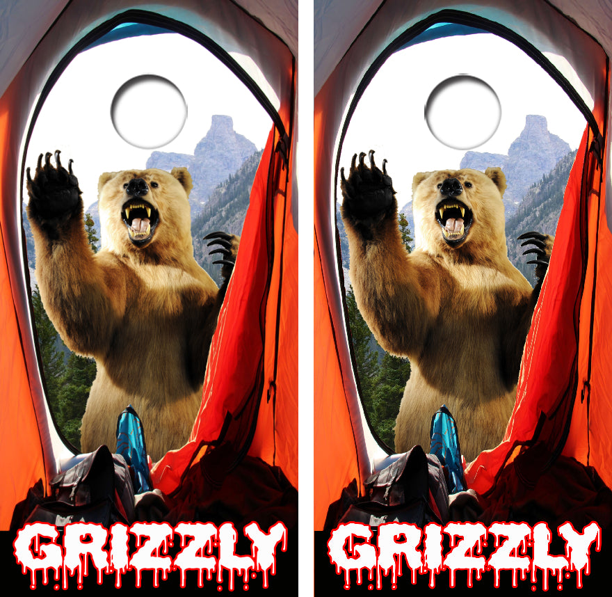 Camping Grizzly Bear Horror Cornhole Wrap Decal with Free Laminate Included