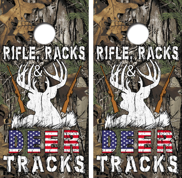 Rifle, Racks & Deer Tracks Cornhole Wrap Decal with Free Laminate Included