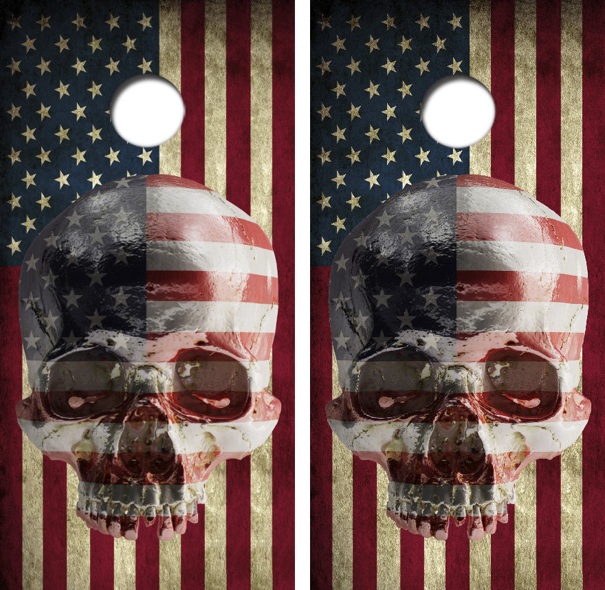 American Flag With Skull Cornhole Wrap Decal with Free Laminate Included