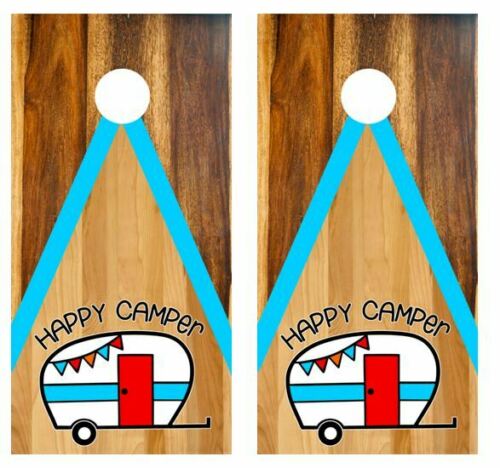 Happy Camper Two Tone Wood Cornhole Wood Board Skin Wraps