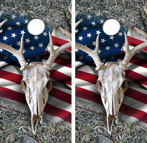 Deer Skull Flag Cornhole Wood Board Skin Wraps FREE LAMINAT