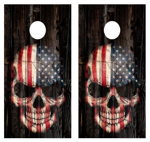 American Flag Skull Barnwood Cornhole Wood Board Skin Wrap