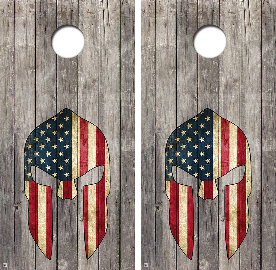 Spartan American Flag Helmet Cornhole Wood Board Skin Wrap