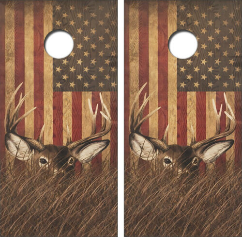 Deer American Flag Cornhole Wood Board Skin Wraps FREE LAMINAT