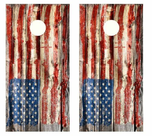 Distressed American Flag Rustic Barnwood Cornhole Wood Board Skin Wraps FREE L