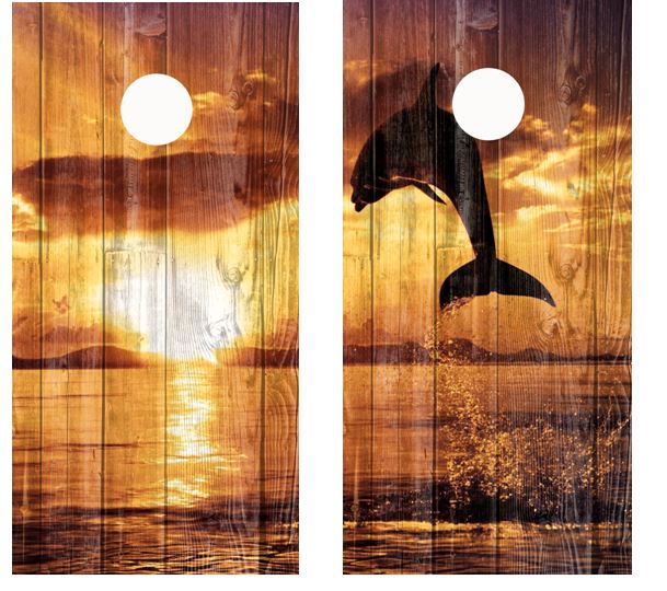 Sunset Leaping Dolphin Barnwood Cornhole Wood Board Skin Wr