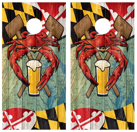 Maryland Crab & Beer Themed Cornhole Wood Board Skin Wraps FREE LAMINA