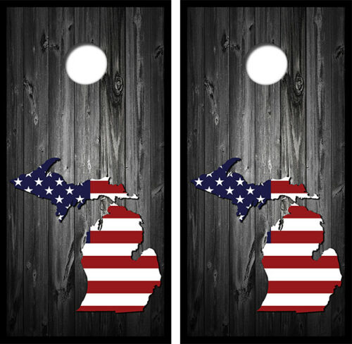 US Flag Michigan Barnwood Cornhole Wood Board Skin Wraps FREE L
