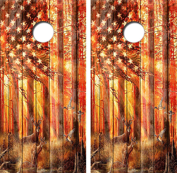 Deer Hunting American Flag Cornhole Wrap Decal with Free Laminate Included