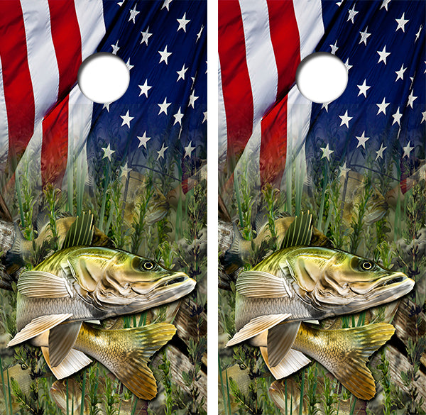 Walleye Fish American Flag Cornhole Wood Board Skin Wrap