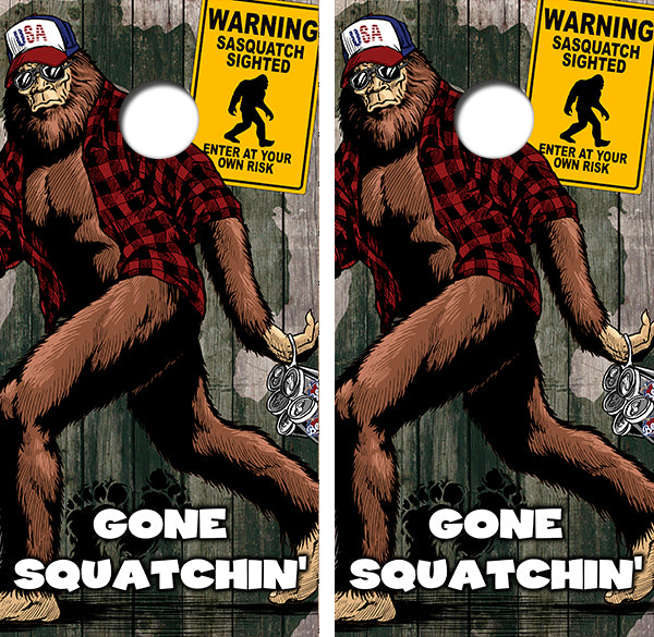 Gone Squatchin' Cornhole Wood Board Skin Wraps FREE LAMINATE