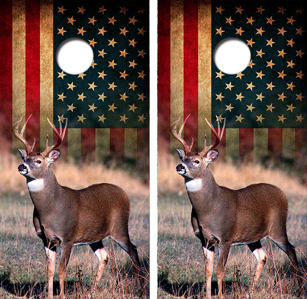 American Flag White Tail Deer Cornhole Wood Board Skin Wraps FREE LAMINATE