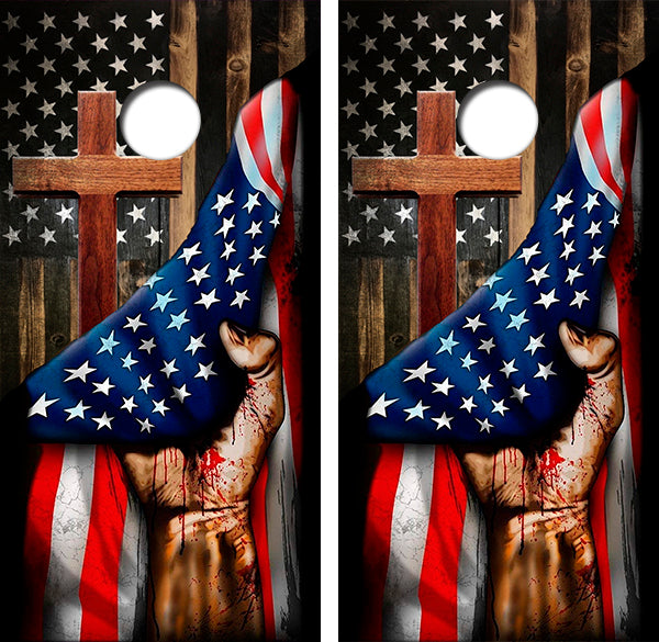 American Flag Cross Cornhole Wrap Decal with Free Laminate Included