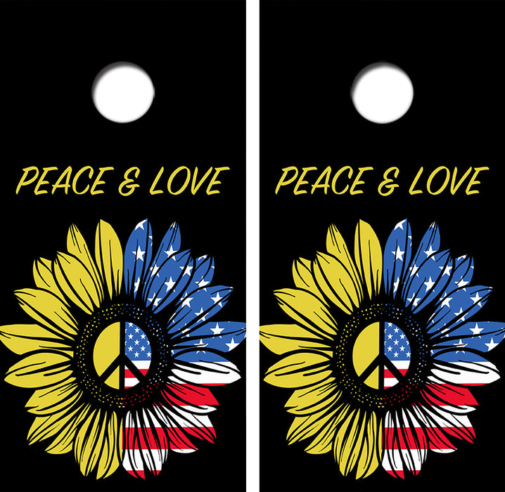 Peace & Love Sunflower Flag Cornhole Wrap Decal with Free Laminate Included