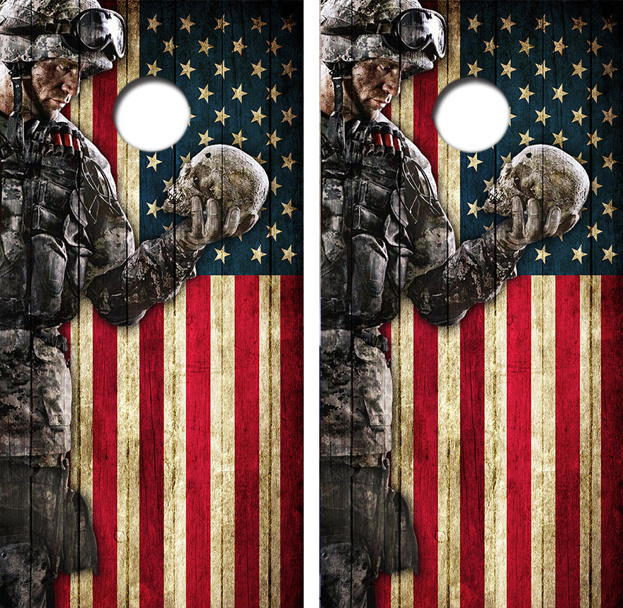 Soldier Skull American Flag Cornhole Wrap Decal with Free Laminate Included