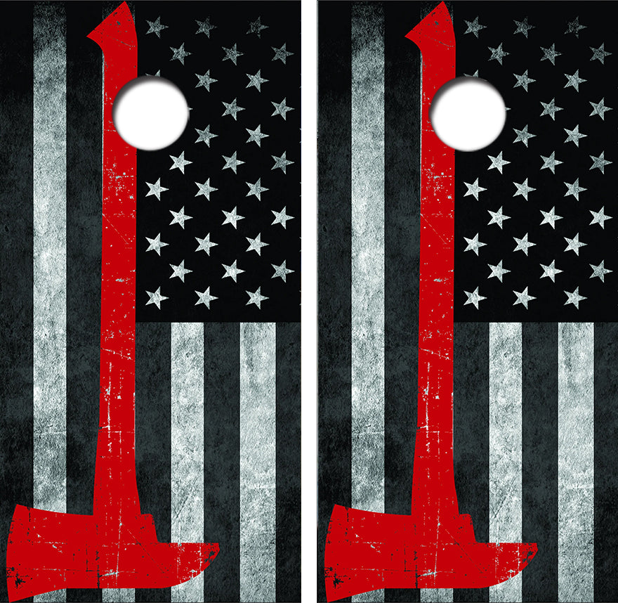 Firefighter Axe American Flag Cornhole Wrap Decal with Free Laminate Included