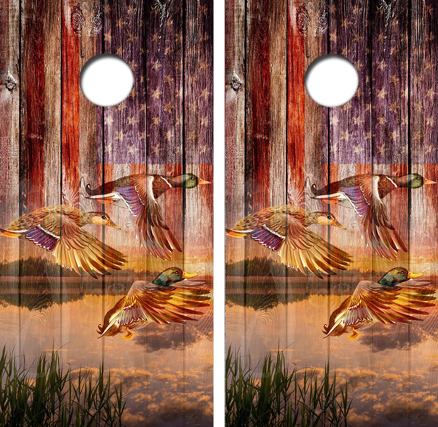 Duck Hunting American Flag Cornhole Wrap Decal with Free Laminate Included