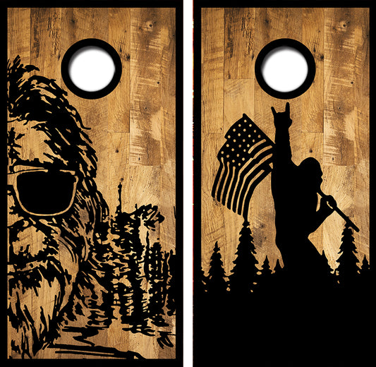 Sasquatch Big Foot American Flag Cornhole Wrap Decal with Free Laminate Included