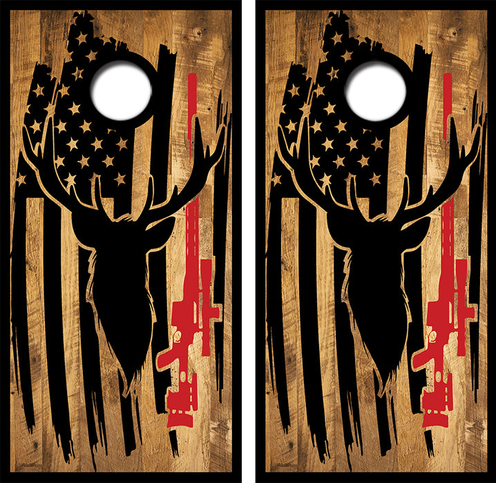 Deer Hunting American Flag Cornhole Wrap Decal with Free Laminate Included