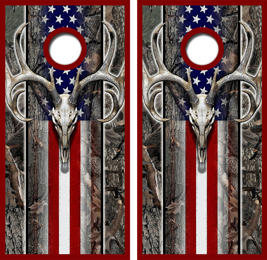 Deer Skull American Flag Cornhole Wrap Decal with Free Laminate Included