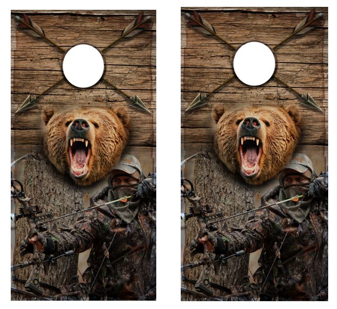 Bow Hunter With Bear Cornhole Wood Board Skin Wraps FREE LAMINATE