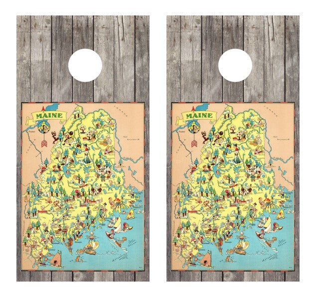 Vintage Maine Map Cornhole Wrap Decal with Free Laminate Included