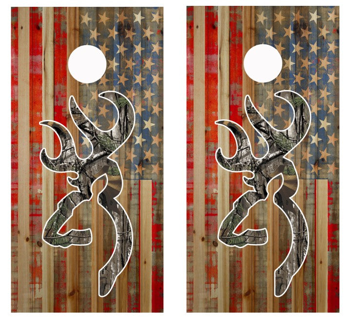 Camo Deer Head On American Flag Cornhole Wrap Decal with Free Laminate Included