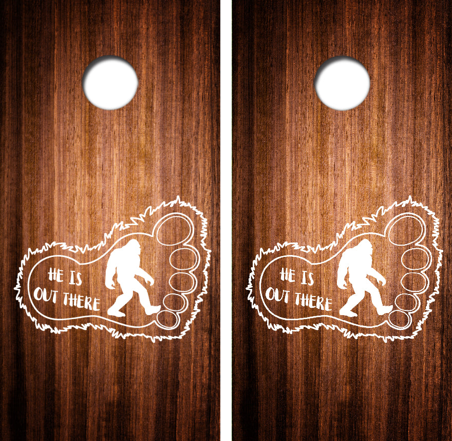 Bigfoot He Is Out There Cornhole Wrap Decal with Free Laminate Included