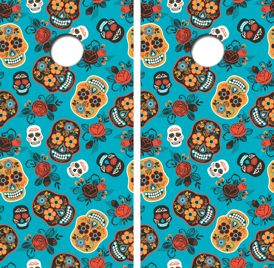Day Of The Dead Skulls Cornhole Wrap Decal with Free Laminate Included
