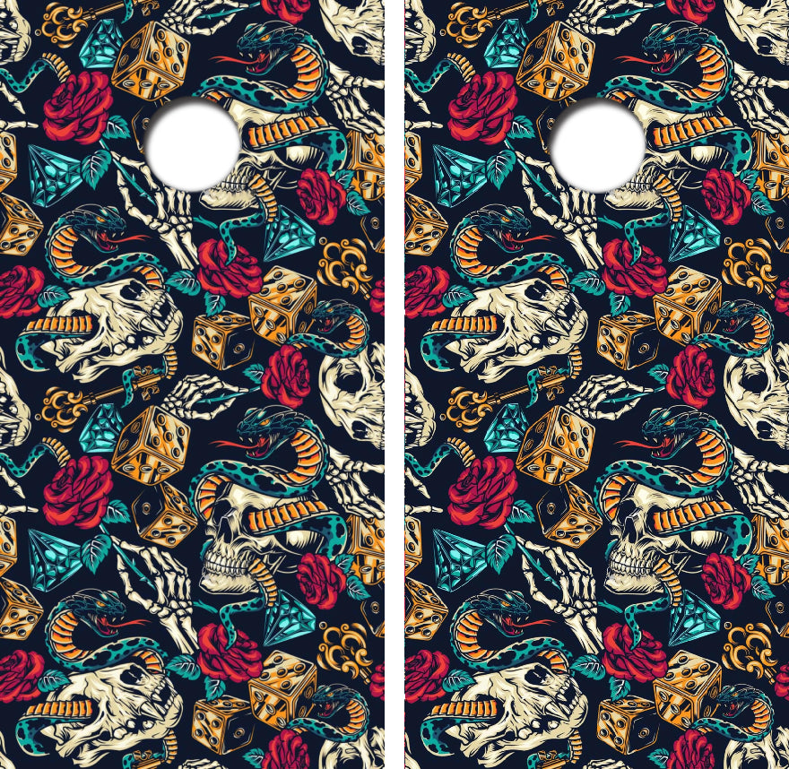 Retro Art Skull, Snake, Roses, & Dice Cornhole Wrap Decal with Free Laminate Included