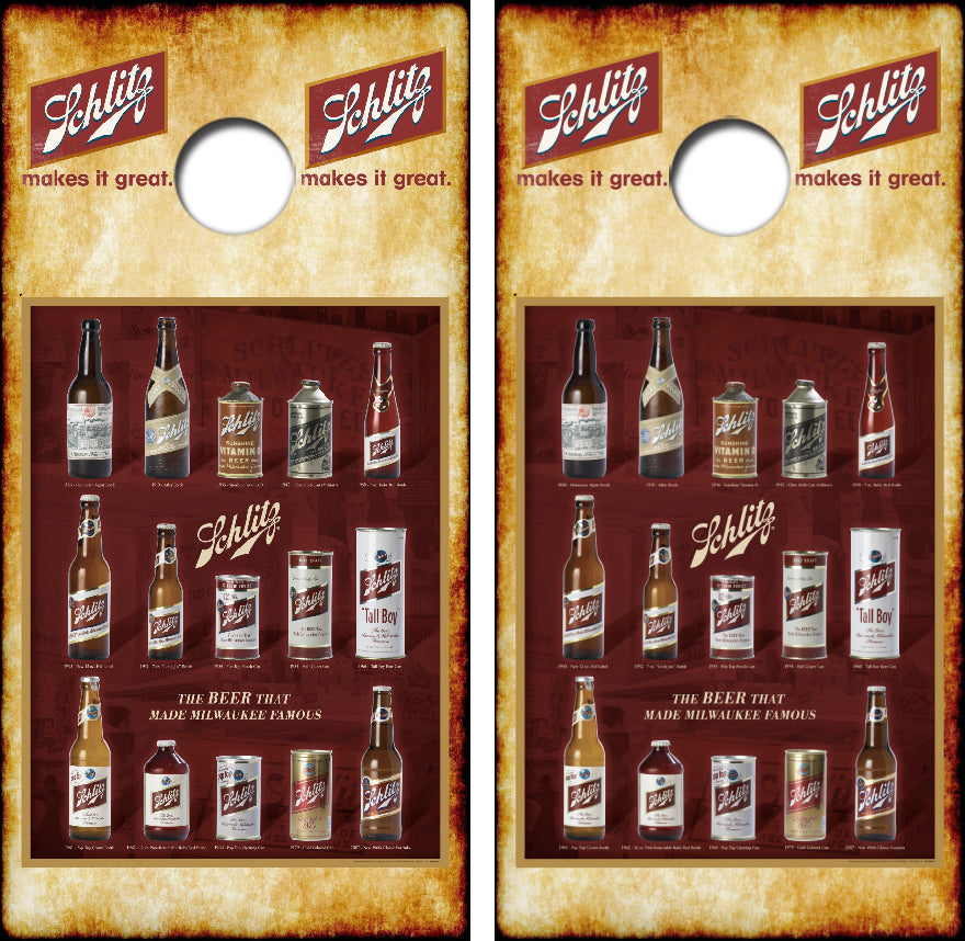 History Of Schlitz Beer Packaging Cornhole Wrap Decal with Free Laminate Included