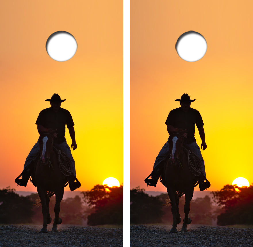 Rancher Or Cowboy At Sunset Cornhole Wrap Decal with Free Laminate Included