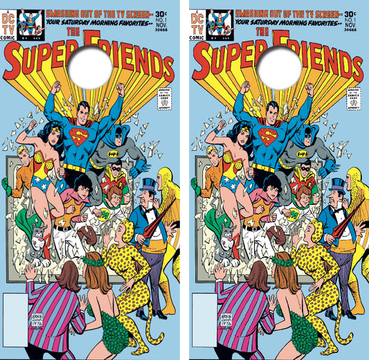 Super Friends Comic Book Cover Cornhole Wrap Decal with Free Laminate Included