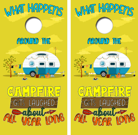 What Happens Around the Campfire Cornhole Wrap Decal with Free Laminate Included