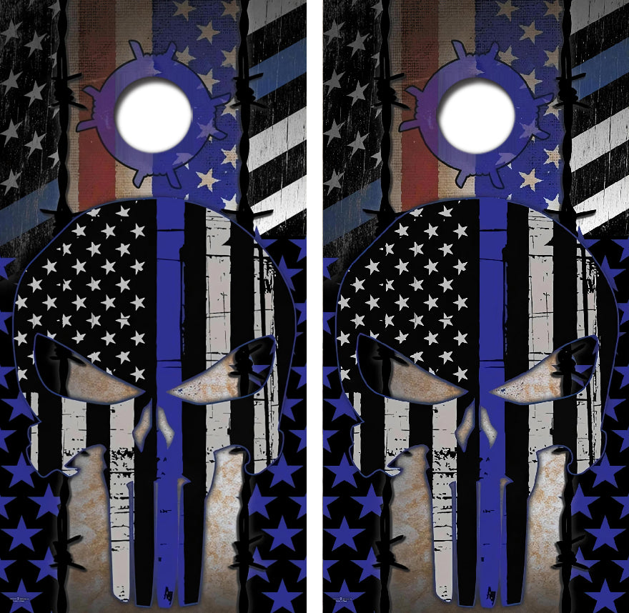 Blue Lives Matter Punisher Skull Cornhole Wrap Decal with Free Laminate Included