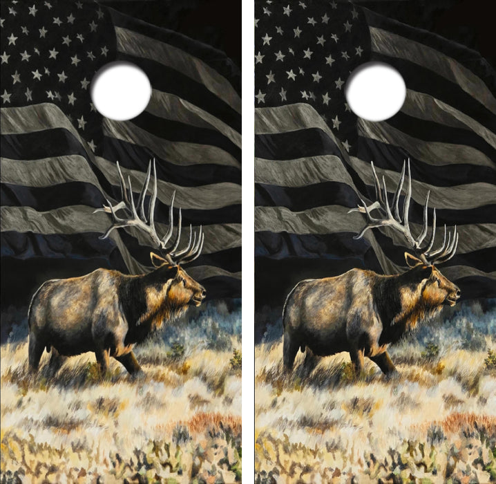 Bull Elk American Flag Cornhole Wrap Decal with Free Laminate Included