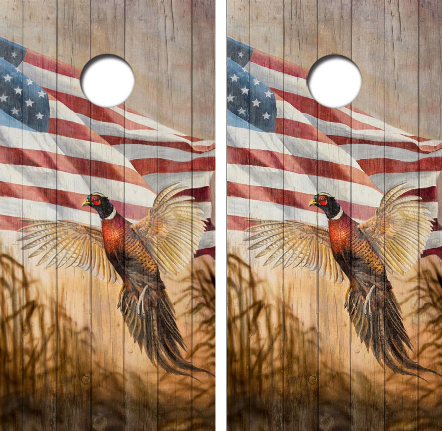 Flying Pheasant American Flag Cornhole Wrap Decal with Free Laminate Included