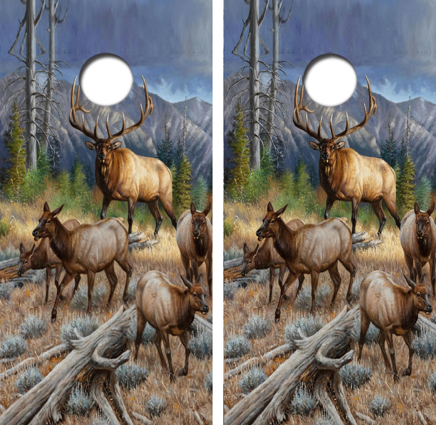 Mountain Ridge Bull Elk Cornhole Wrap Decal with Free Laminate Included