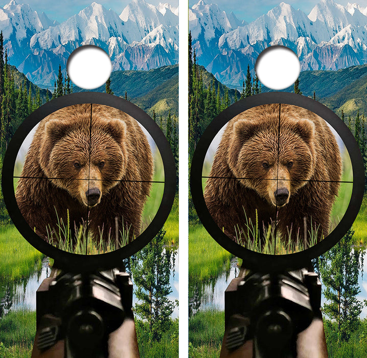 Hunting Grizzlies Cornhole Wrap Decal with Free Laminate Included