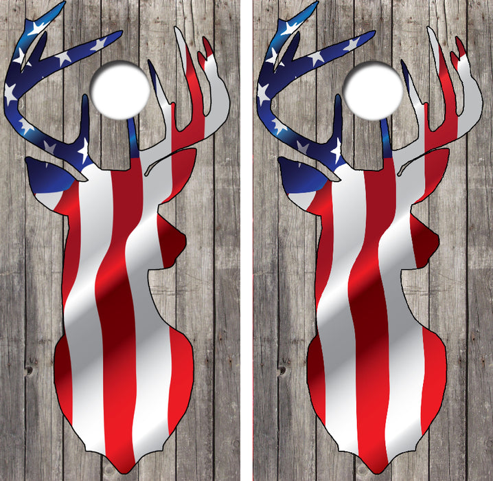 American Flag Deer Head Cornhole Wrap Decal with Free Laminate Included