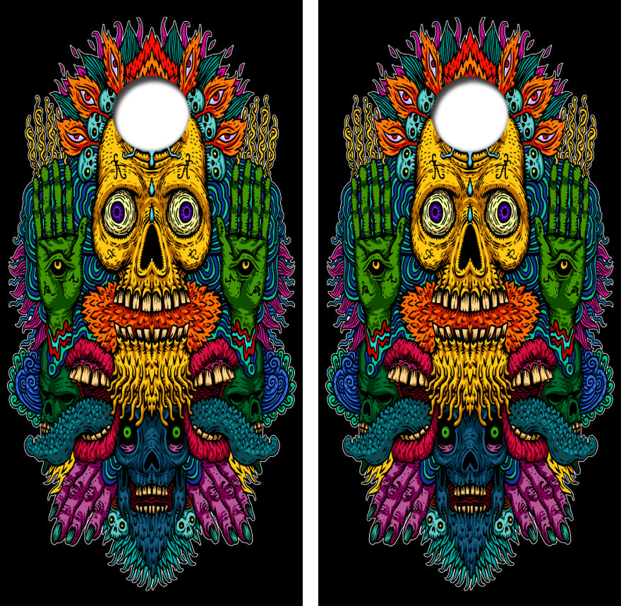 Psychedelic Skulls Cornhole Wrap Decal with Free Laminate Included